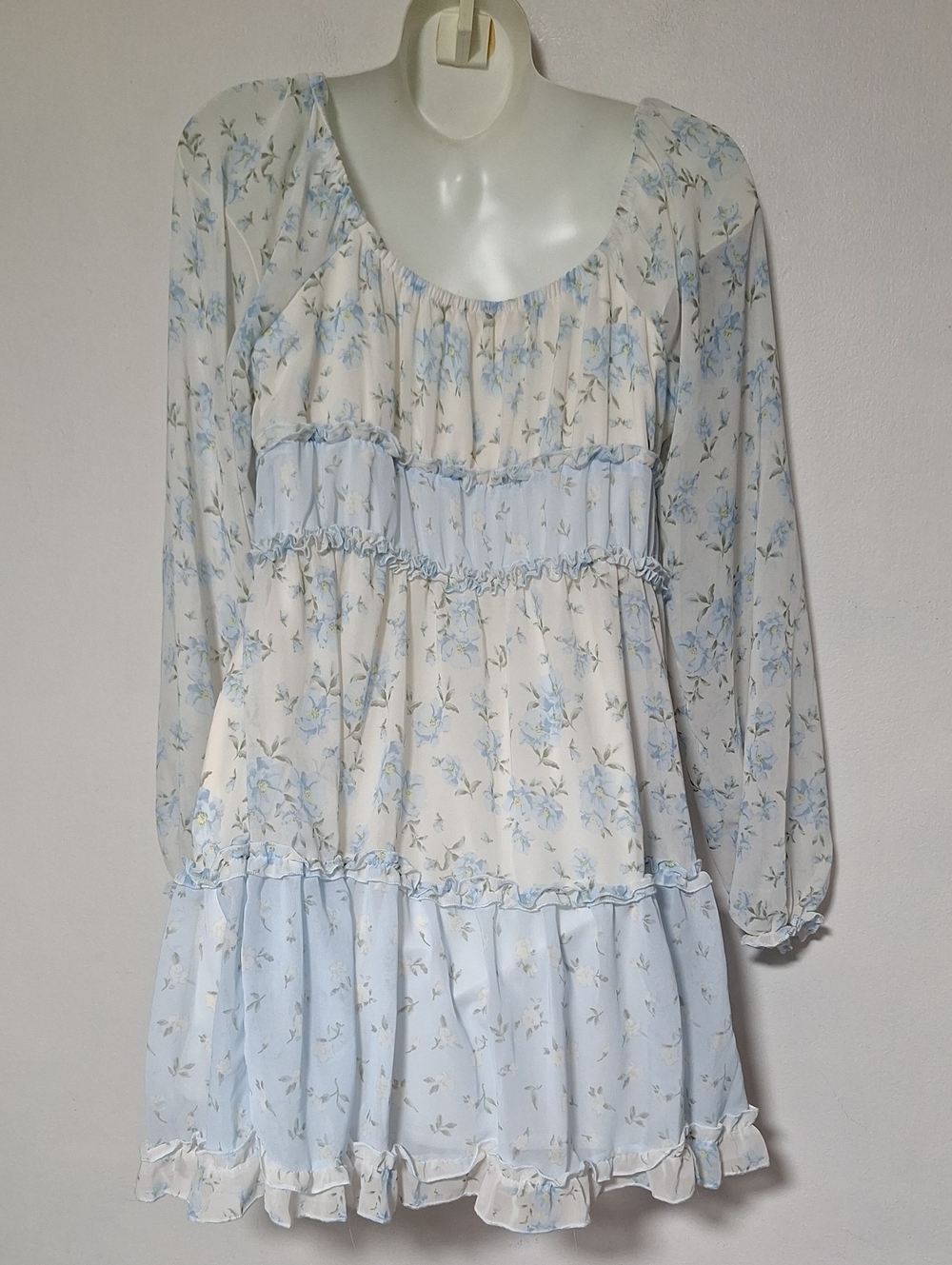 Ultra Flirt Light Blue Floral Ruffled Long Sleeve Lightweight Dress - Picture 5 of 8